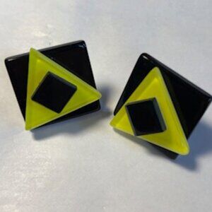 Artisan Made Vintage 1980s 1990s Acrylic Layered Pierced Earrings Yellow Black
